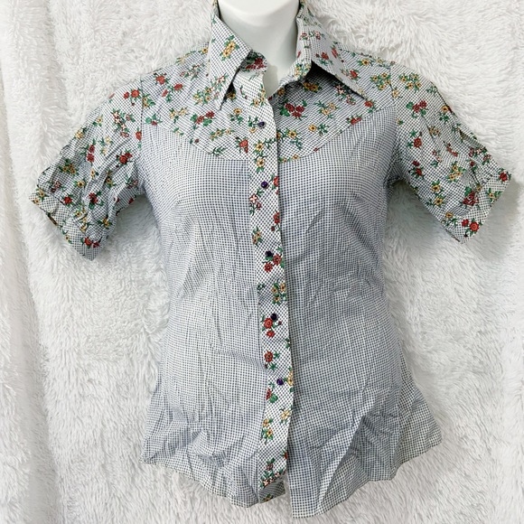 Vintage Women’s Floral Gingham Snap Up Blouse Women's Size 14/36 (S) - Picture 1 of 8